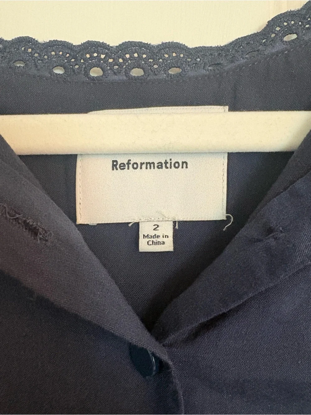 Reformation Navy Eyelet Cap-Sleeve Button Down Top and Matching Skirt Set
